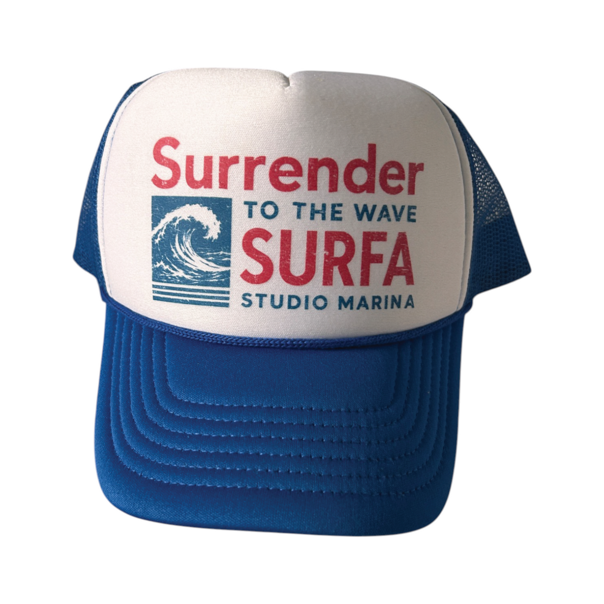 SURRENDER TO THE WAVE — Foam Trucker — WHITE / ROYAL BLUE